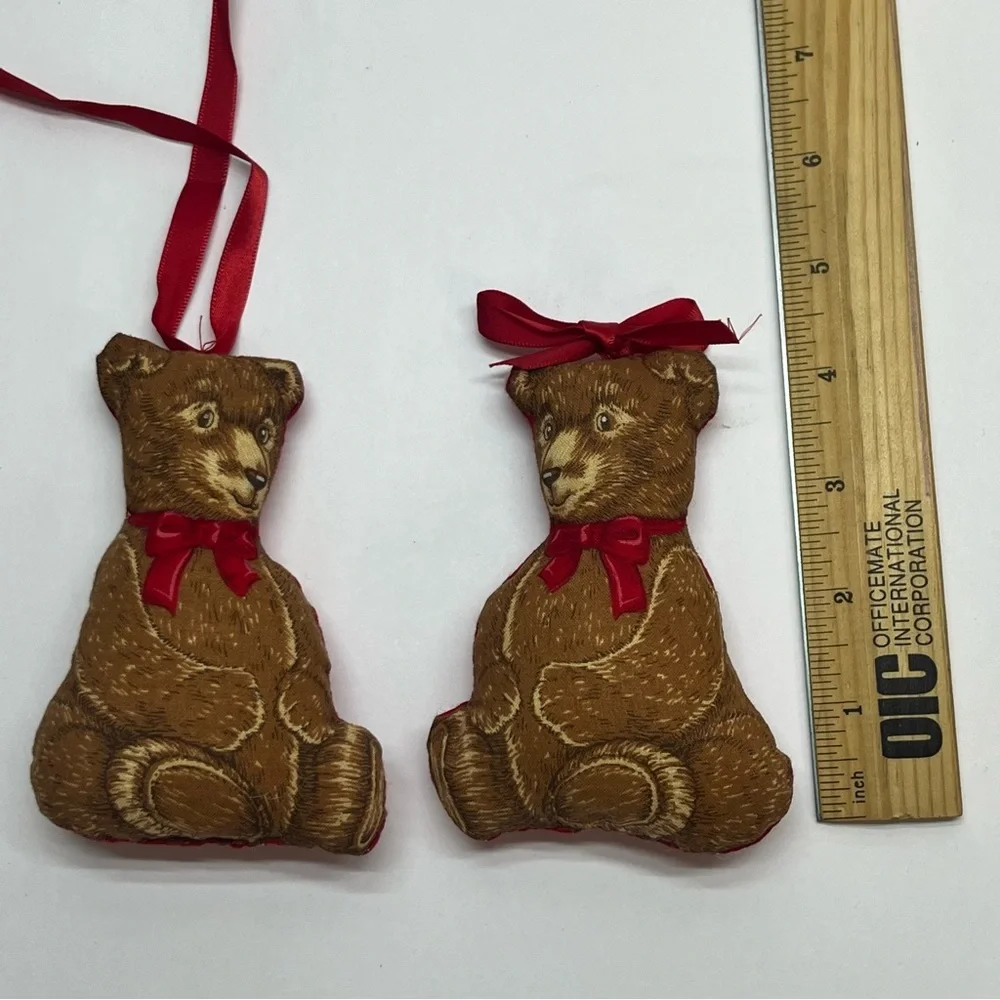vinage christmas fabric plush teddy bears brown red ribbon pair‎ 4.5 inches